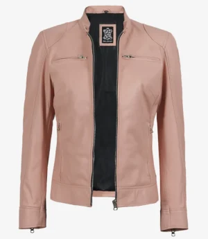 Dodge Light Pink Biker Style Leather Jacket for Women