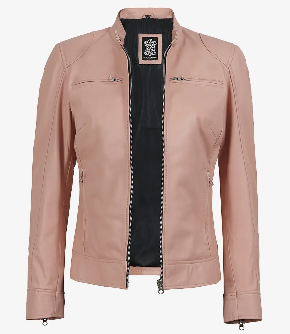 Dodge Light Pink Biker Style Leather Jacket for Women Dodge Light Pink Biker Style Leather Jacket for Women