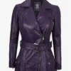 Women's Asymmetrical Purple Belted Biker Style Leather Jacket