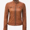 Womens Real Lambskin Leather Tan Quilted Biker Style Jacket