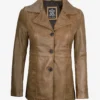 Women's Three Button Camel Brown Leather Blazer