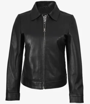 Jose Womens Black Shirt Collar Harrington Leather Jacket
