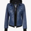 Womens Blue Bomber Leather Jacket With Hood