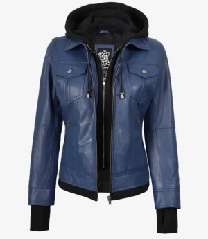 Womens Blue Bomber Leather Jacket With Hood