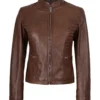 Womens Real Leather Cognac Waxed Biker Style Jacket