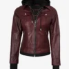 Womens Burgundy Bomber Leather Jacket With Removable Hood