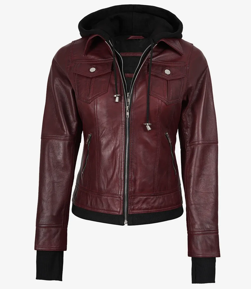 Womens Burgundy Bomber Leather Jacket With Removable Hood Womens Burgundy Bomber Leather Jacket With Removable Hood
