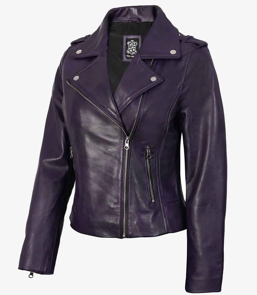 Women's Lambskin Asymmetrical Purple Biker Style Jacket Women's Lambskin Asymmetrical Purple Biker Style Jacket