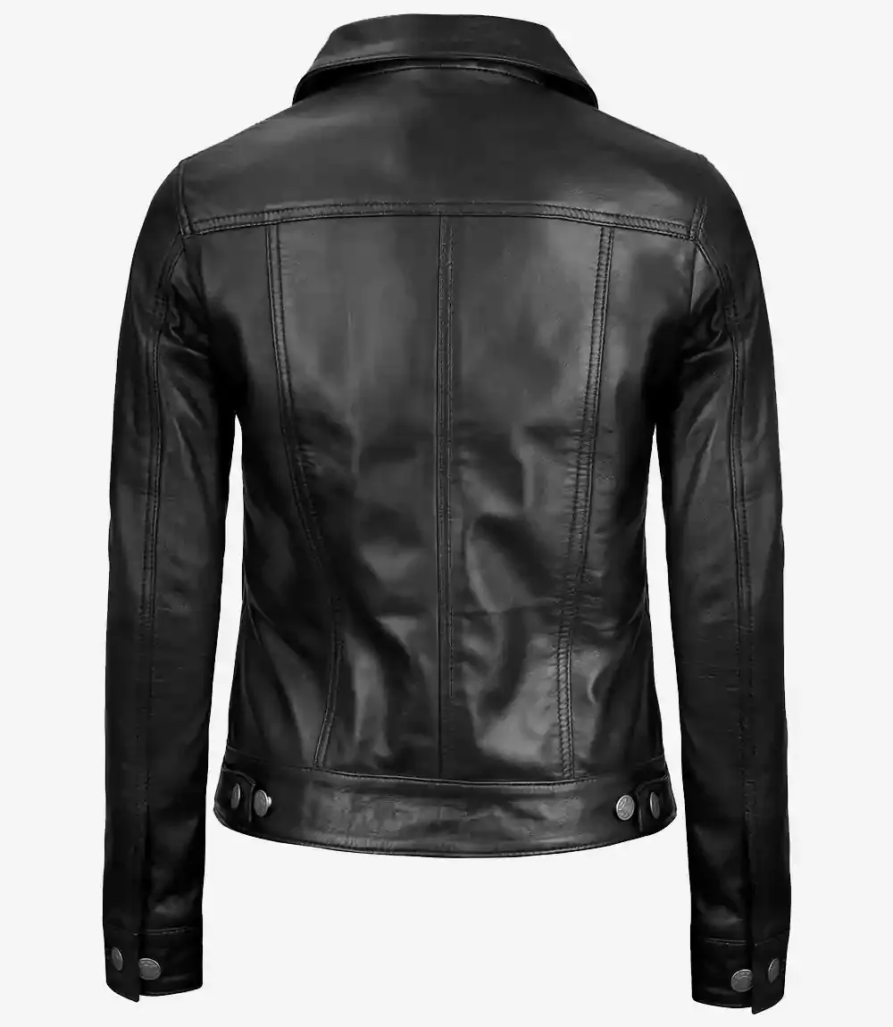 Women's Black Lambskin Leather Four-Pocket Trucker Jacket Women's Black Lambskin Leather Four-Pocket Trucker Jacket