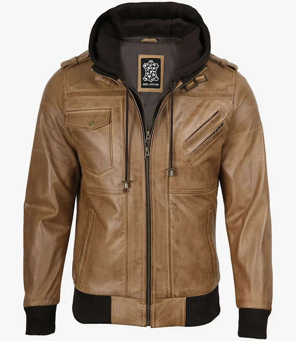 Men's Camel Brown Bomber Leather Jacket (Removable Hood)