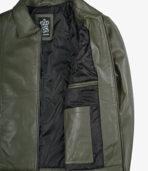 Men's Classic Shirt Collar Olive Green Leather Jacket