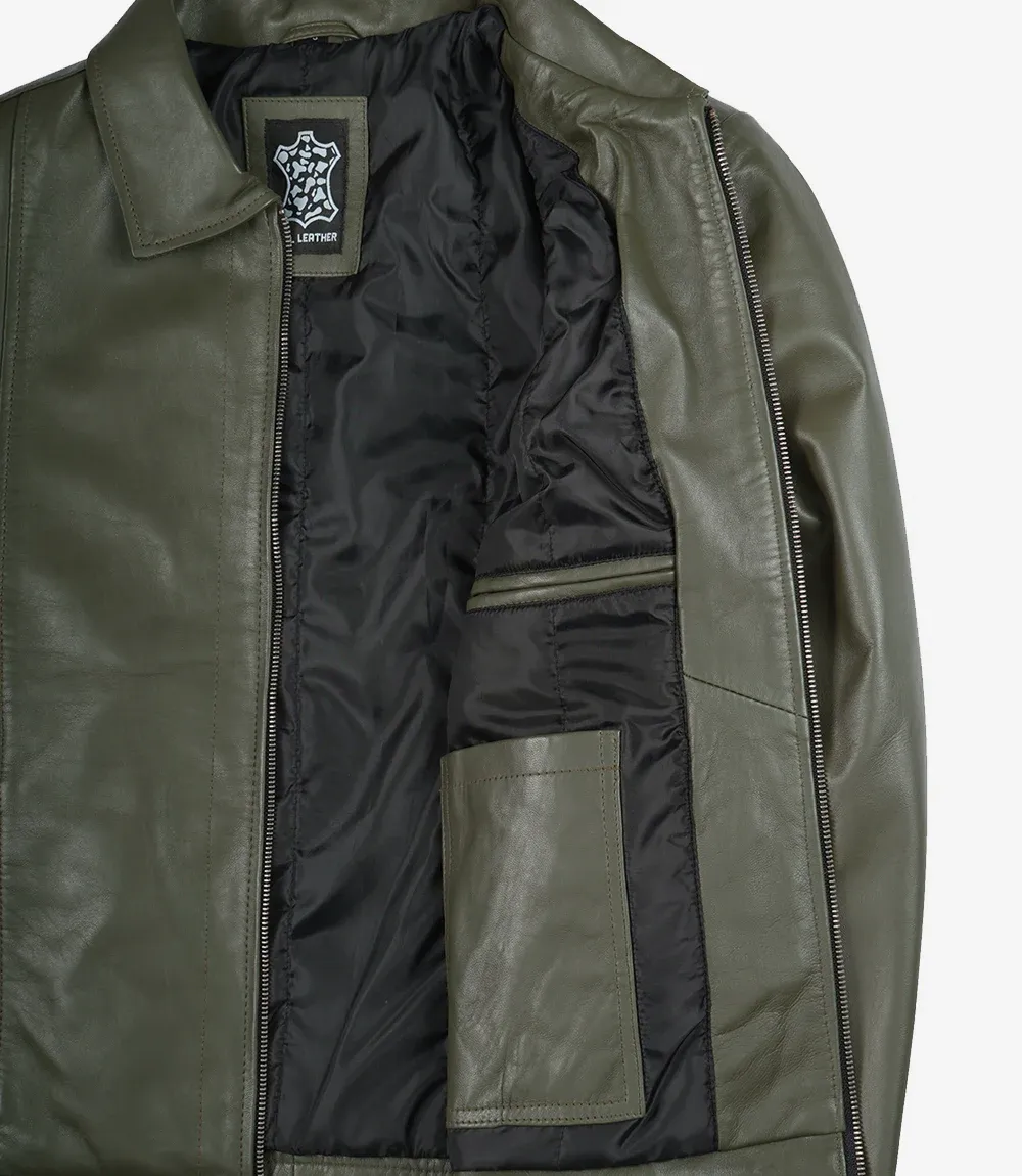 Men's Classic Shirt Collar Olive Green Leather Jacket Men's Classic Shirt Collar Olive Green Leather Jacket
