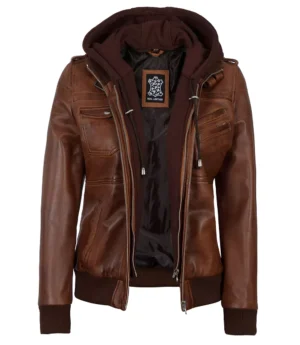 Womens Cognac Leather Bomber Jacket With Hood