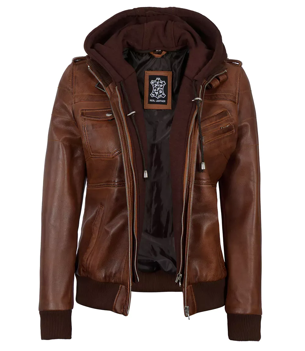 Womens Cognac Leather Bomber Jacket With Hood Womens Cognac Leather Bomber Jacket With Hood