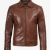 Men's Distressed Brown Biker Style Leather Jacket - Quilted Shoulder