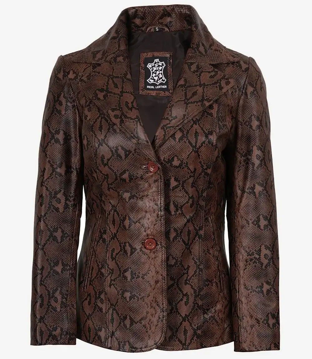 Kathryn Womens Snake Pattern Two Button Cognac Leather Blazer Kathryn Womens Snake Pattern Two Button Cognac Leather Blazer