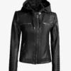 Women's Black Leather Jacket with Removable Hood