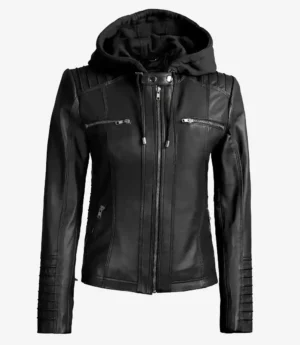 Women's Black Leather Jacket with Removable Hood