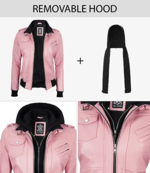 Womens Pink Hooded Bomber Leather Jacket