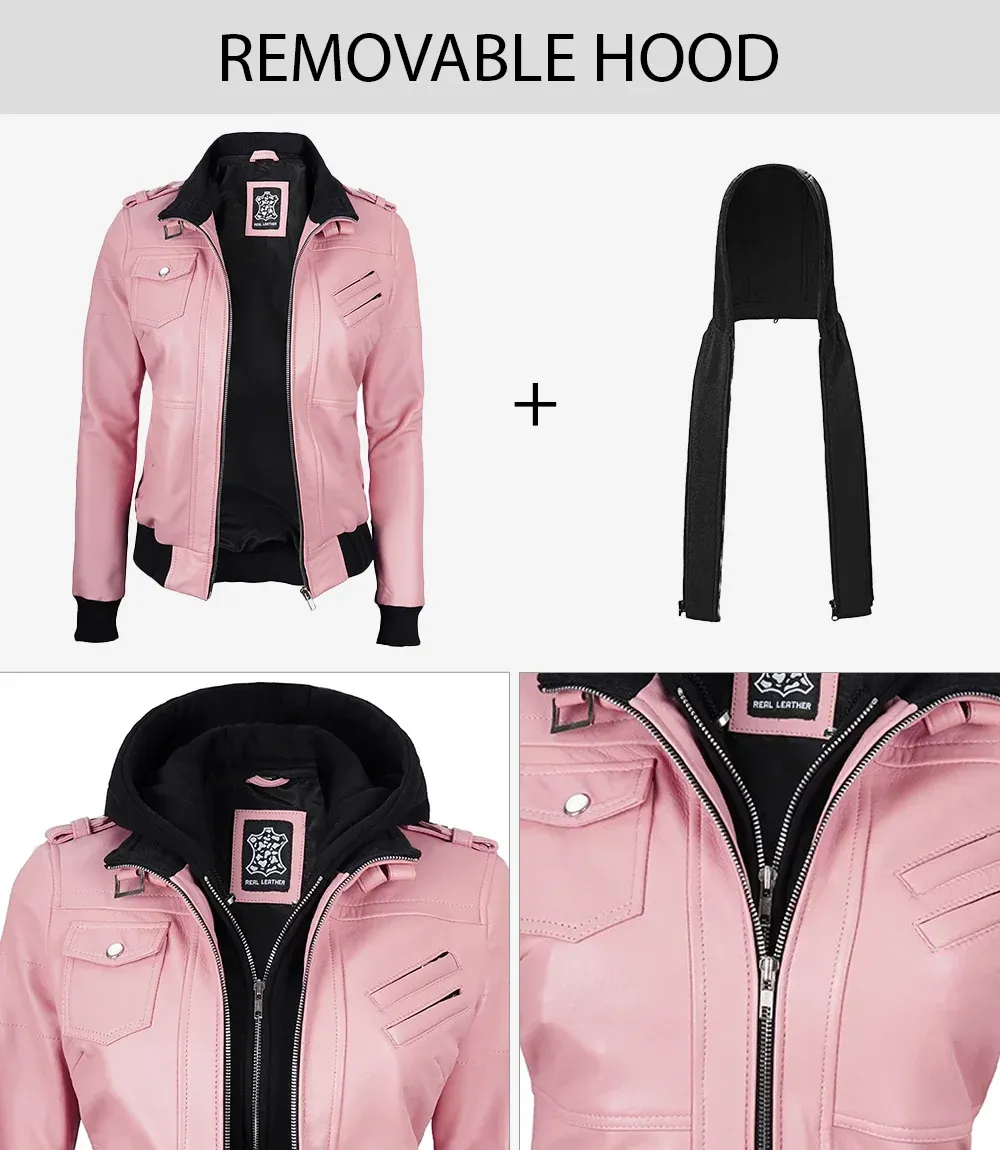 Womens Pink Hooded Bomber Leather Jacket Womens Pink Hooded Bomber Leather Jacket