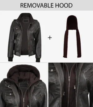 Womens Distressed Brown Hooded Bomber Leather Jacket