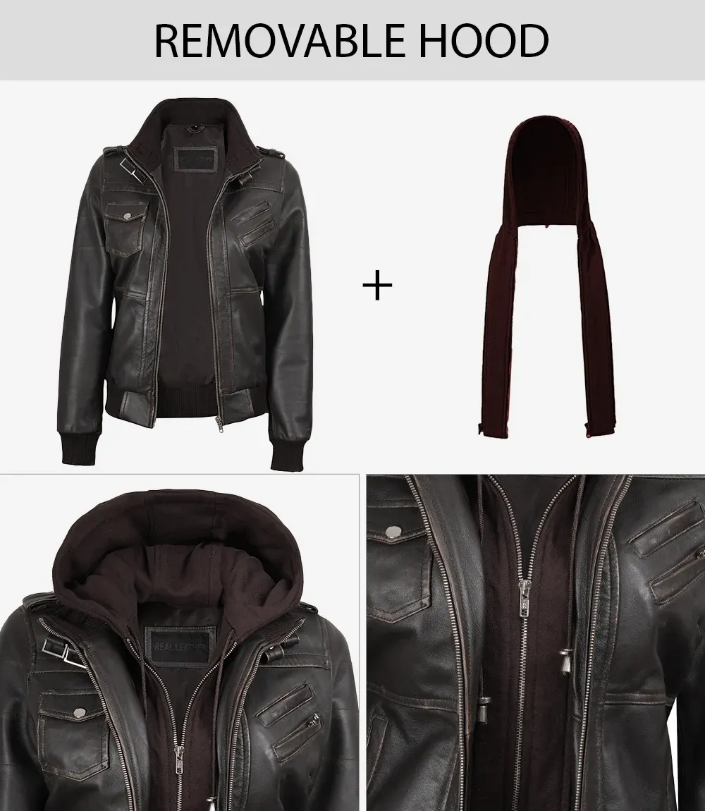 Womens Distressed Brown Hooded Bomber Leather Jacket Womens Distressed Brown Hooded Bomber Leather Jacket