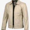 Mens Classic Shirt Collar Beige Harrington Leather Jacket