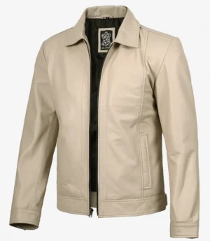 Mens Classic Shirt Collar Beige Harrington Leather Jacket