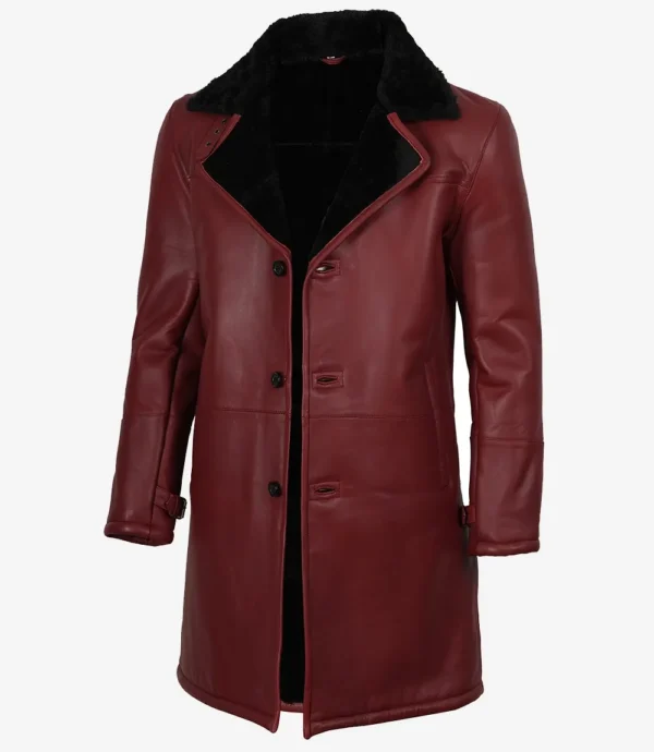 Men's Maroon Leather Coat with Black Shearling