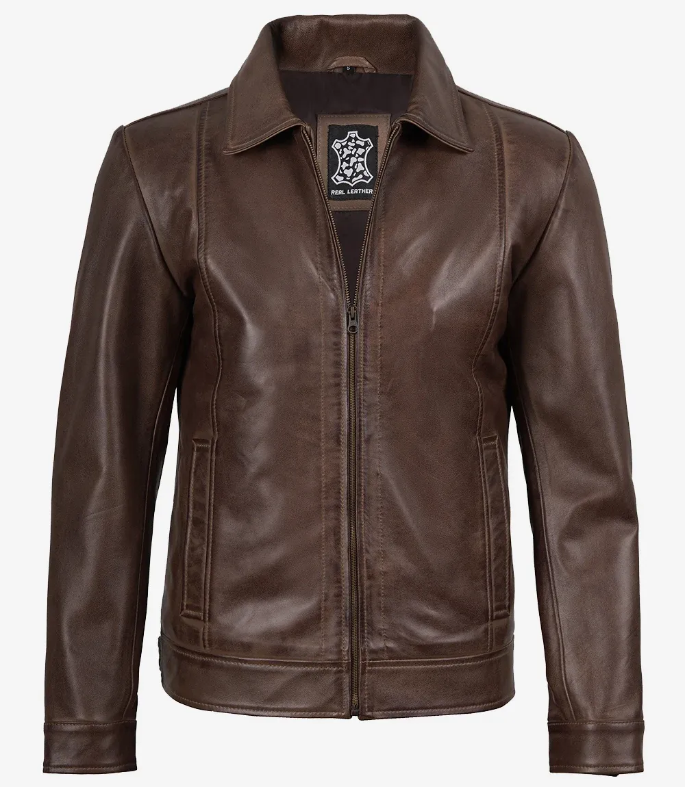 Reeves Mens Shirt Collar Brown Leather Jacket Reeves Mens Shirt Collar Brown Leather Jacket