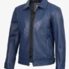 Men's Classic Blue Leather Jacket with Shirt Collar