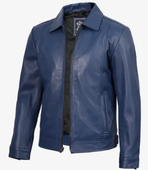 Men's Classic Blue Leather Jacket with Shirt Collar