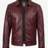 Mens Classic Shirt Collar Burgundy Harrington Leather Jacket