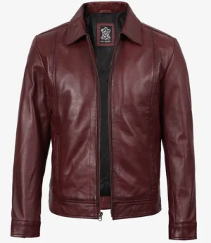 Mens Classic Shirt Collar Burgundy Harrington Leather Jacket