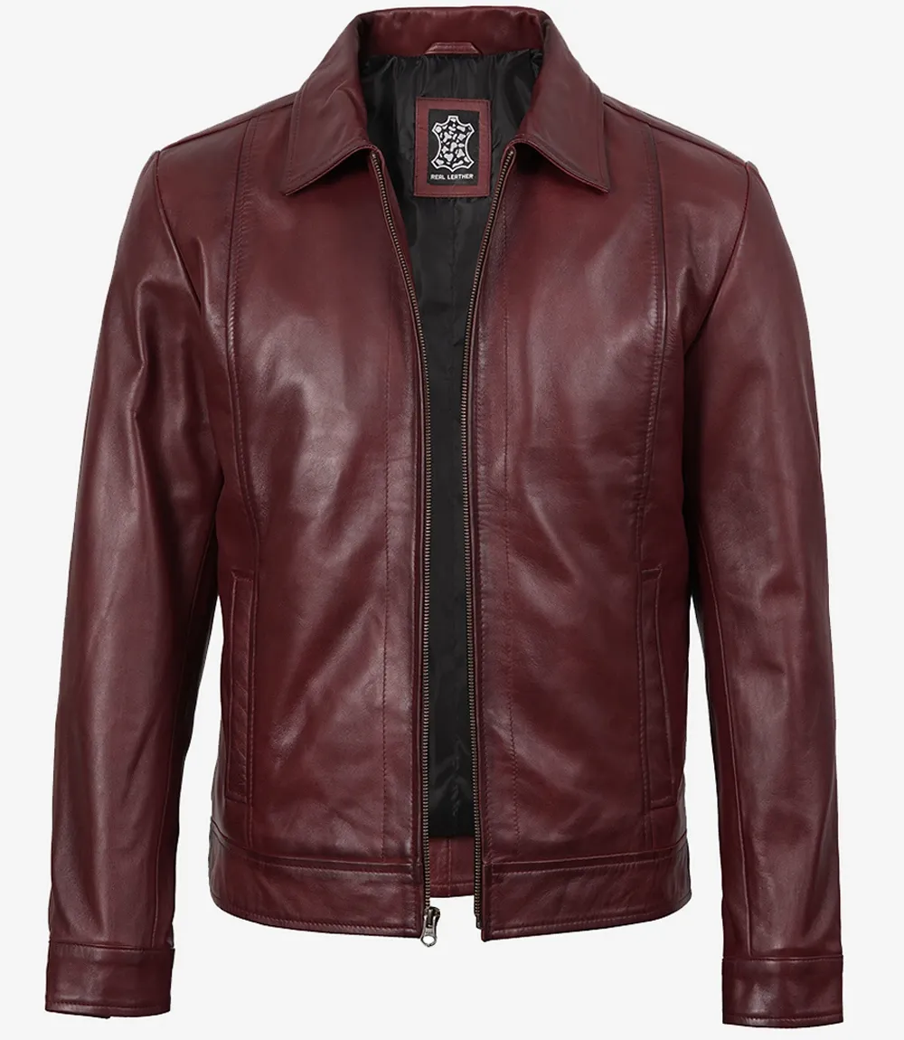 Mens Classic Shirt Collar Burgundy Harrington Leather Jacket Mens Classic Shirt Collar Burgundy Harrington Leather Jacket