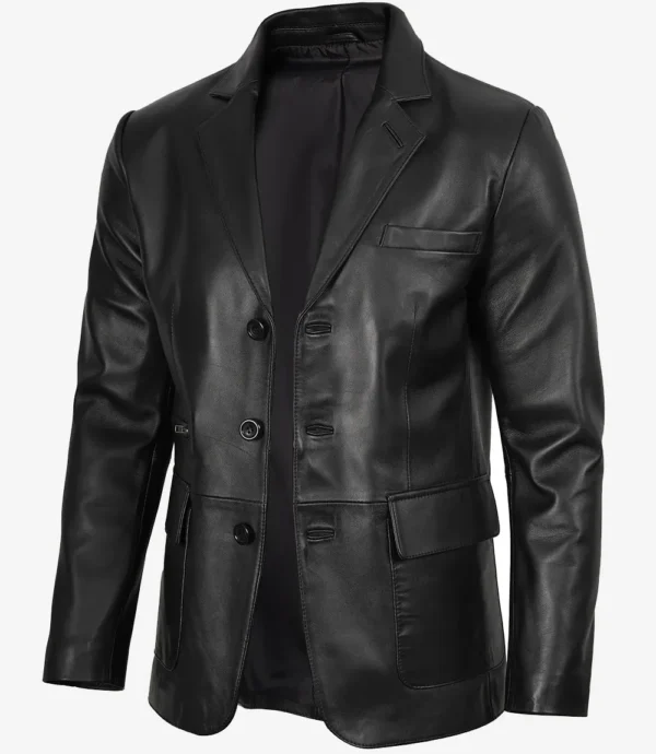 Mens Real Leather Three Button Black Blazer