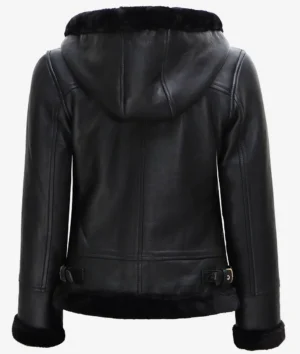 Women's Black Leather Hooded Shearling Jacket