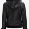 Women's Black Leather Hooded Shearling Jacket