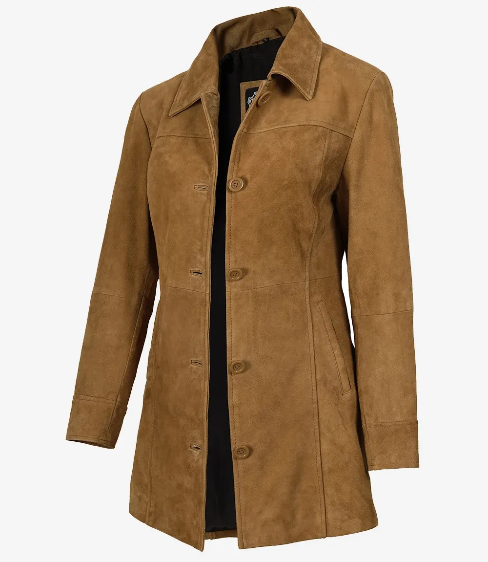 Women's 3/4 Length Button Down Brown Suede Coat Women's 3/4 Length Button Down Brown Suede Coat