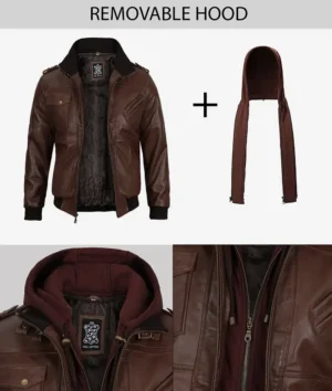 Men's Dark Brown Bomber Leather Jacket with Hood