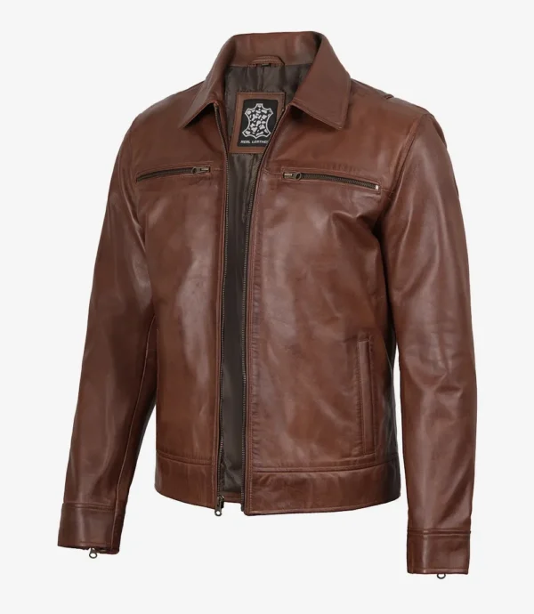 Men's Classic Shirt Collar Cognac Leather Jacket