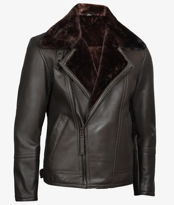Men's Dark Brown Shearling Leather Moto Jacket - Asymmetrical Shearling Lining