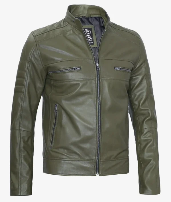 Mens Olive Green Biker Style Leather Jacket