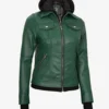Womens Green Bomber Leather Jacket with Removable Hood