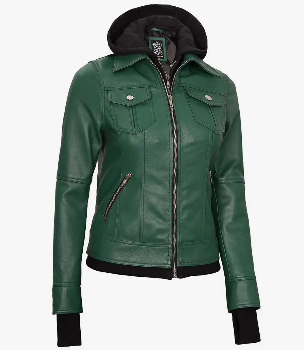 Womens Green Bomber Leather Jacket with Removable Hood Womens Green Bomber Leather Jacket with Removable Hood
