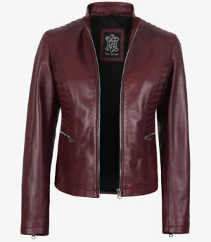 Women's Burgundy Leather Biker Style Jacket