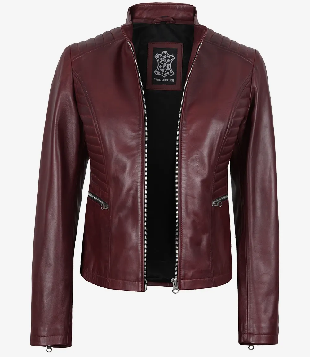Women's Burgundy Leather Biker Style Jacket Women's Burgundy Leather Biker Style Jacket