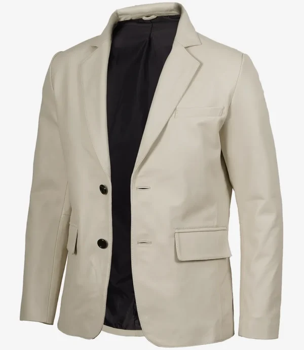 Men's Two Button Notch Lapel Off White Leather Blazer