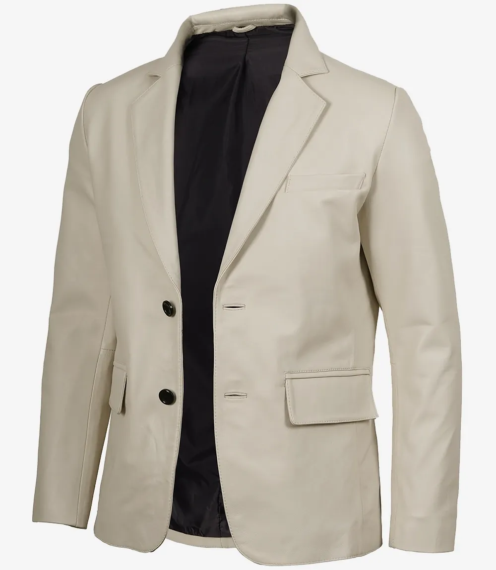 Men's Two Button Notch Lapel Off White Leather Blazer Men's Two Button Notch Lapel Off White Leather Blazer