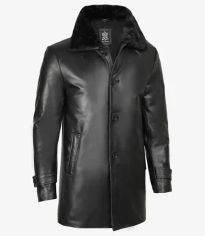 Men's Black Leather 3/4 Length Coat with Fur Collar